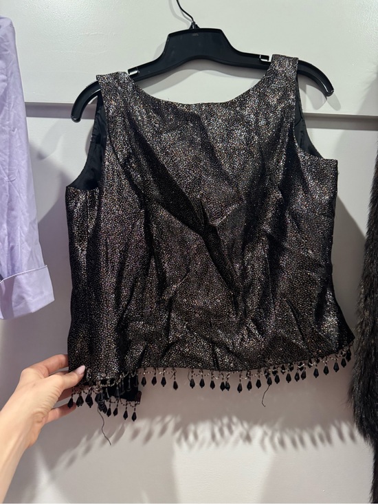 Tops - Vintage 70s disco Metallic Black Sleeveless Beaded Hem Top, fits small to med